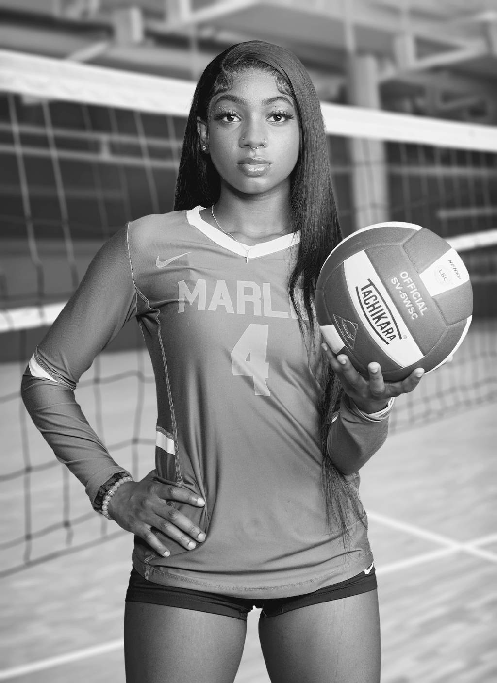 Volleyball player against an artificial intelligence (AI) background. Black & white treatment. by ProClicks School and Sports Photography.
